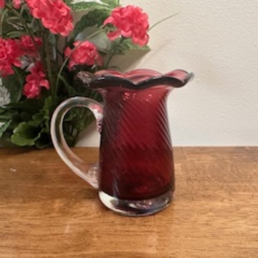 Vintage Cranberry Glass Swirl Pitcher‎ – Clear Handle and Ruffled Rim